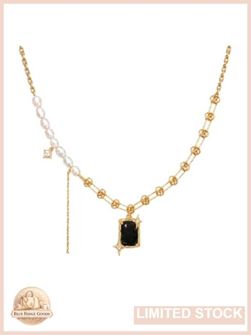 Pearl & Gold-Tone Plated Asymmetrical Statement Necklace Black Pendant